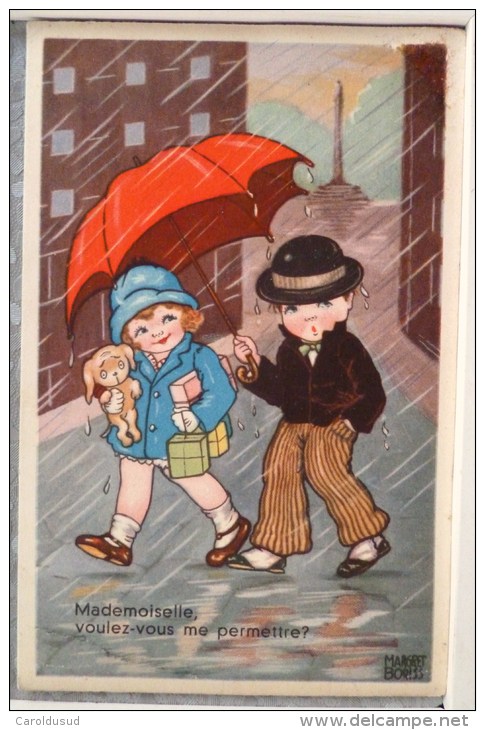 Cp Litho Illustrateur Margret BORISS AMAG 0333 DUO Enfant Tenant Parapluie Rouge Fille Et Chien Beau Cachet Bouillon - Boriss, Margret