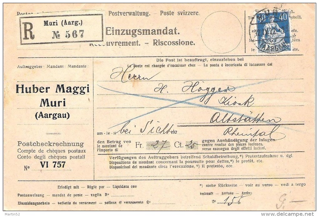 Schweiz Suisse 1922: R-Einzugsmandat Mit O MURI (AARGAU) 12.IV.22 Mit Zu 161 Mi 170xb Als EF > Altstätten (Zu CHF 6.00) - Briefe U. Dokumente