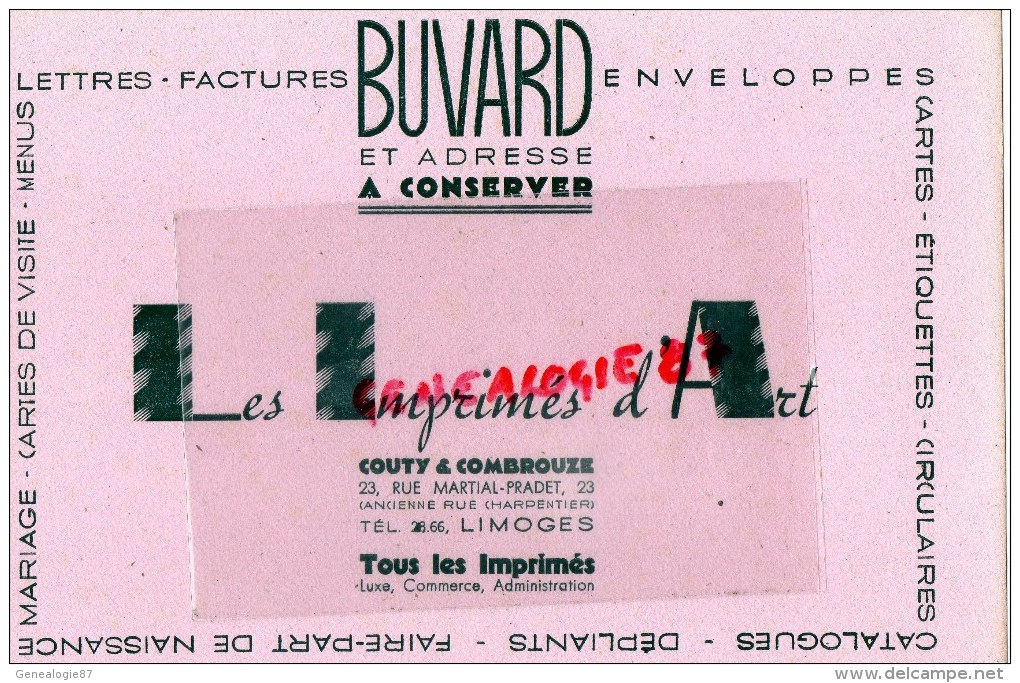 87 - LIMOGES - BEAU BUVARD IMPRIMERIE COUTY & COMBROUZE-23 RUE MARTIAL PRADET- LES IMPRIMES D' ART - I