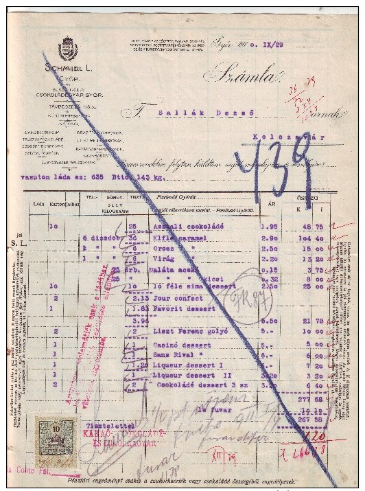 #3415 Gastronomy, 1910 Invoice Of Schmidl L. Chocolate Factory Gyor To Sallak Dezso Dealer In Kolozsvar,Transylvania (1) - Autriche