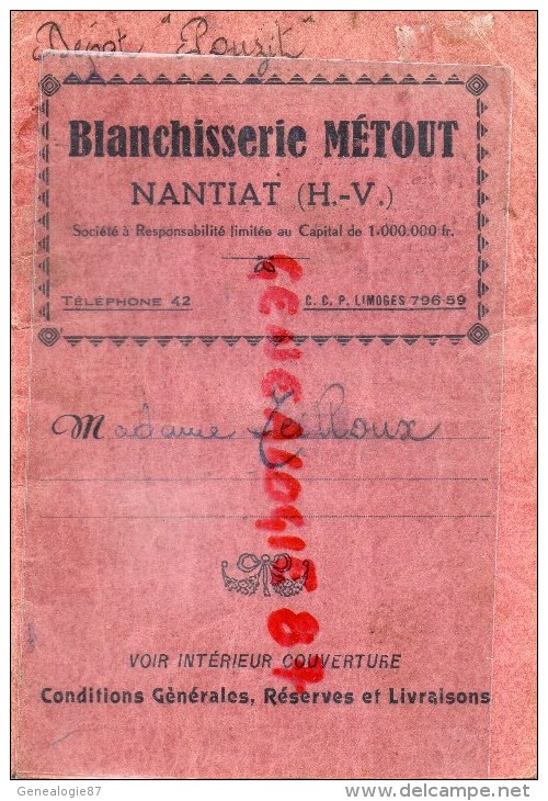 87 - NANTIAT - CARNET BLANCHISSERIE METOUT - MME TEILLOUX - 1950 - ...