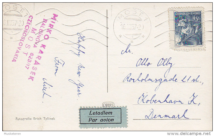 Czechoslovakia PPC Letlem Par Avion Label MOST 1957 To Denmark Real Photo (2 Scans) - Luchtpost