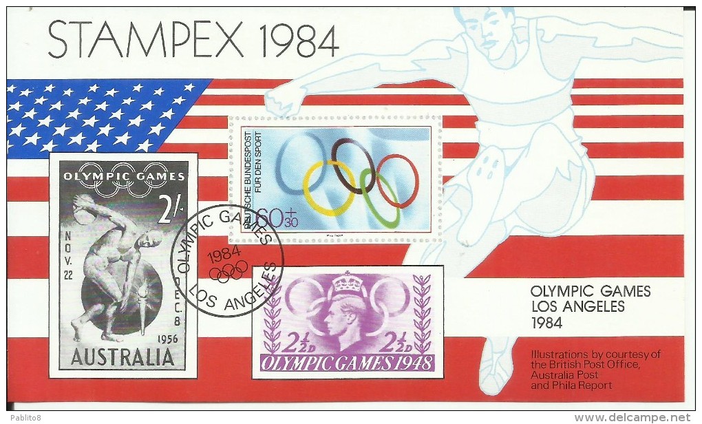 GREAT BRITAIN - GRAN BRETAGNA 1984 STAMPEX OLIMYC GAMES LOS ANGELES SHEET GIOCHI OLIMPICI FOGLIETTO SPECIAL CANCEL - Blocks & Miniature Sheets