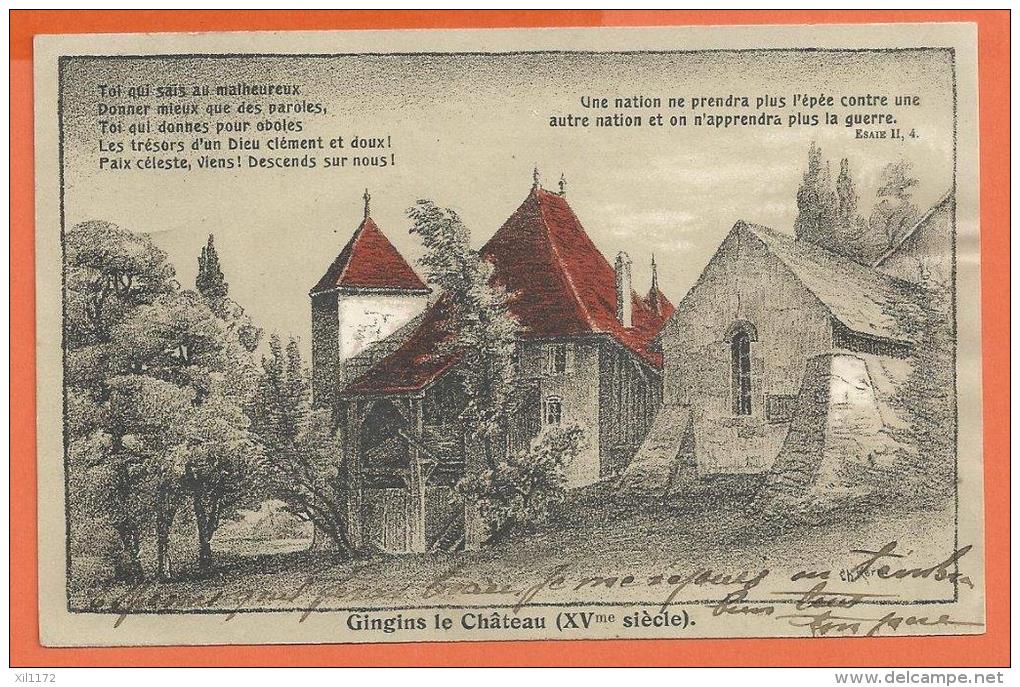 JAF-04 Gingins Le Château XVème Siècle, Vers De ESAIE II,4. Cachet Genolier 1917, Traces De Collage Au Dos - Genolier