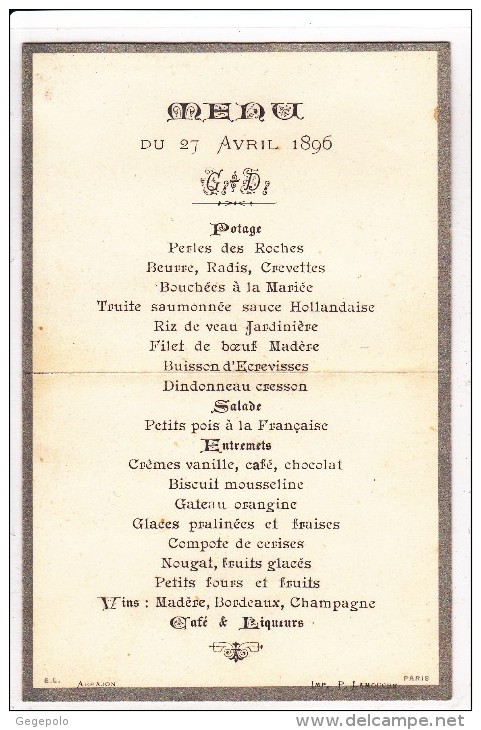 ( 91 ) ARPAJON - Menu De L'Hôtel Du LION D'ARGENT Du 27 Avril 1896 - Menükarten