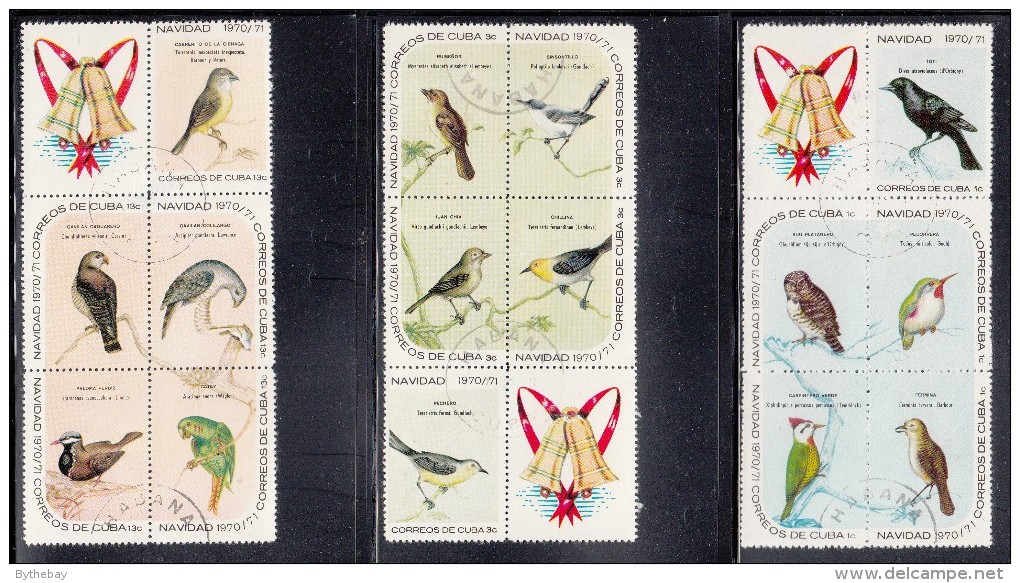 Cuba Used Scott #1576a, #1581a, #1586a Blocks Of 5 Plus Label Birds - Christmas - Oblitérés