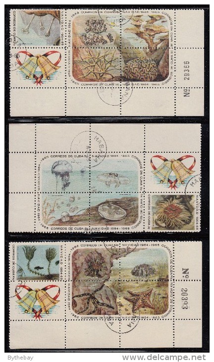 Cuba Used Scott #916a, #921a, #926a Blocks Of 5 Plus Label Coral, Jellyfish, Starfish - Christmas - Oblitérés