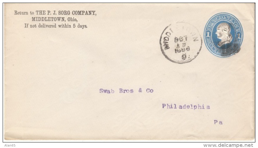 Sc#U113 1-cent Franklin Postal Stationery Middletown Ohio To Philadelphia Entire C1880s Cover - ...-1900