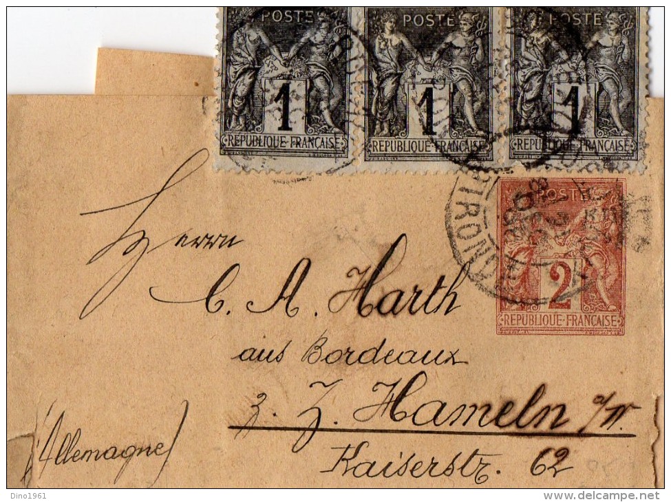 TB 276 - Entier Postal Type Sage Sur Bande De Journal +  N°83  OB BORDEAUX Pour HAMELN  ( Allemagne ) - Bandes Pour Journaux