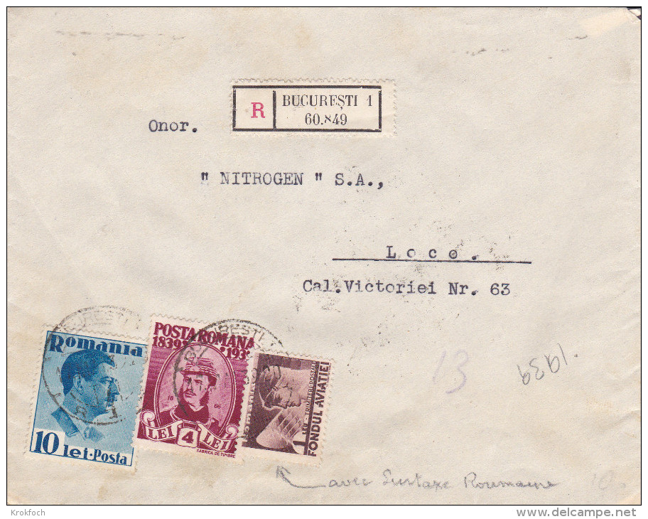 Bucuresti 1939 - Lettre Recommandée Avec étiquette Et Surtaxe Fondul Aviatiei - Bucarest - Postmark Collection