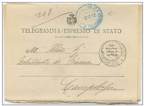 1912 SPLENDIDO TELEGRAMMA ESPRESSO DI STATO DA LIMOSANO (CAMPOBASSO) 8.10.12  ANNULLO VERDE CAMP…VEDI DESCRIZIONE (6296) - Storia Postale