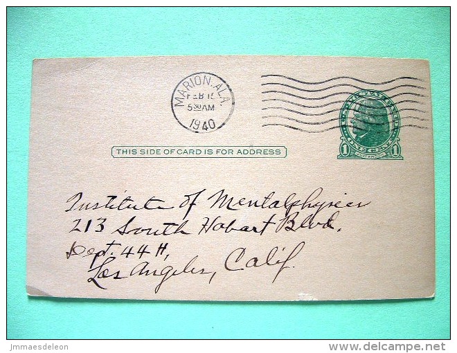 USA 1940 Pre Paid Postcard Marion To Los Angeles - Jefferson - Sonstige & Ohne Zuordnung
