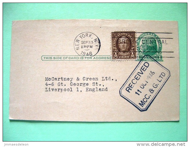 USA 1946 Pre Paid Postcard N.Y. To England - Jefferson - Nathan Hale (adress: McCartney In Liverpool) - Other & Unclassified