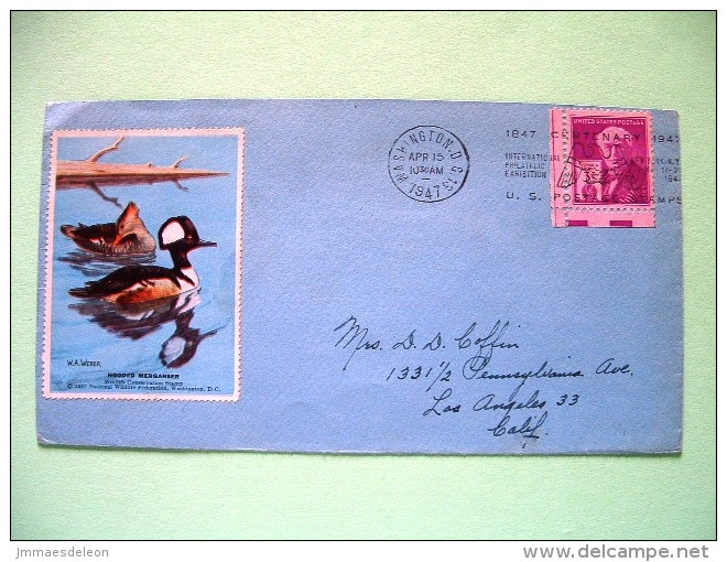 USA 1947 Cover Washington To Los Angeles - Thomas Edison - Duck Bird Wildlife Label - Other & Unclassified