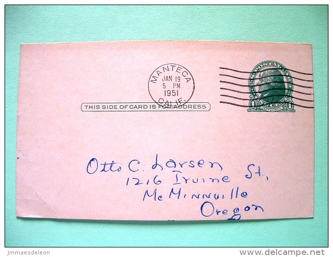 USA 1951 Pre Paid Postcard From Manteca (lard) To McMinnville - Jefferson - Sonstige & Ohne Zuordnung