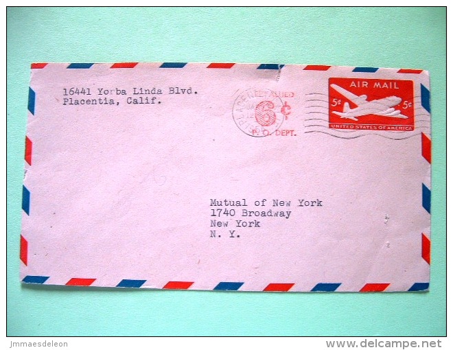 USA 1954 Uprated Pre Paid Cover Placentia To N.Y. - Plane - Other & Unclassified