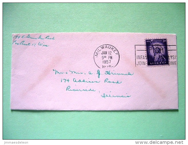 USA 1957 Cover Milwaukee To Riverside - Statue Of Liberty - Children Disease Slogan - Other & Unclassified