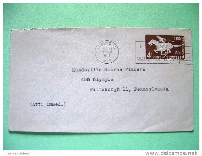 USA 1961 Pre Paid Cover Madison To Pittsburgh - Pony Express - Horse - Other & Unclassified