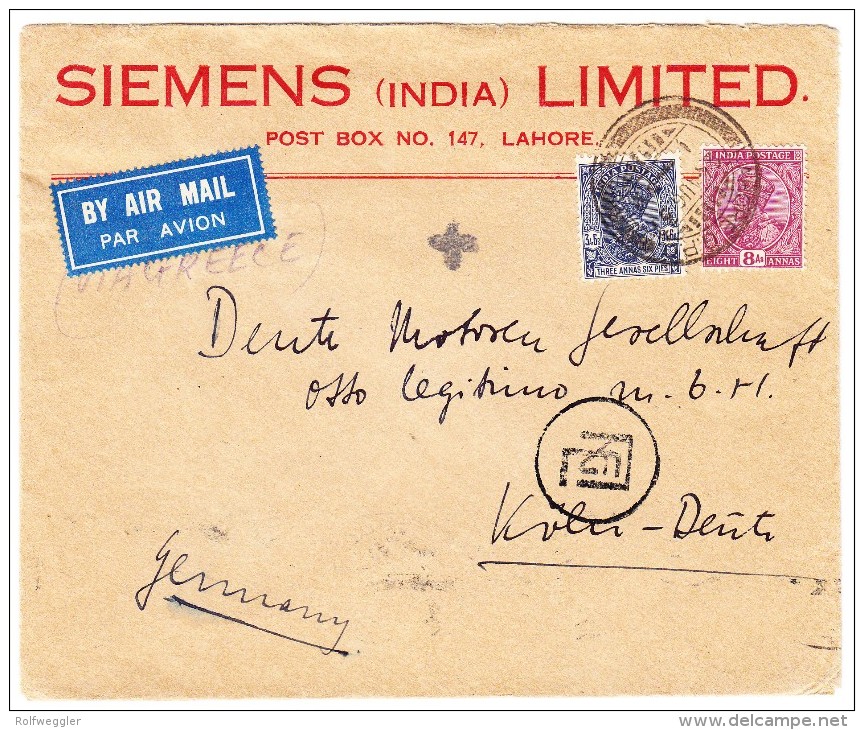 Indien - 3 Annas 6 Pies + 8 Annas Auf Luftpostbrief Von "Lahore 24.8.1937" Nach Köln - Autres & Non Classés