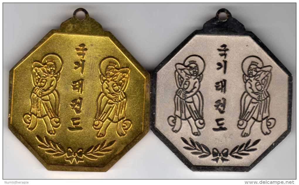 Lot De 2 Médailles Tae-Kwon-Do : Médaille D'Or (Dorée) + Médaille D'Argent (Argentée) - Other & Unclassified