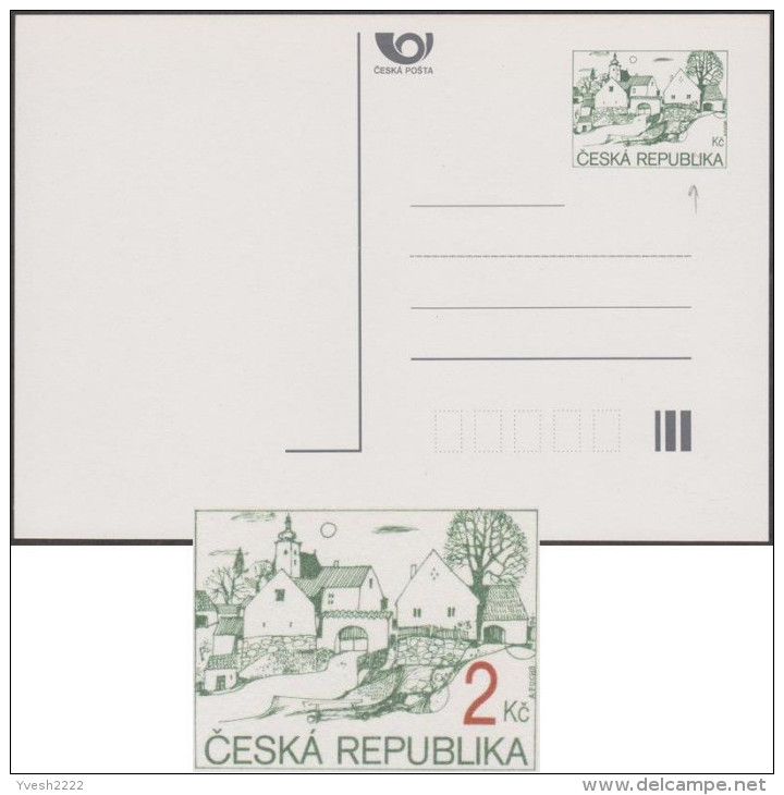République Tchèque 1994. Carte Postale D´usage Courant, Timbrée 2 Kc, Avec Erreur, Sans Impression De La Valeur. Village - Plaatfouten En Curiosa