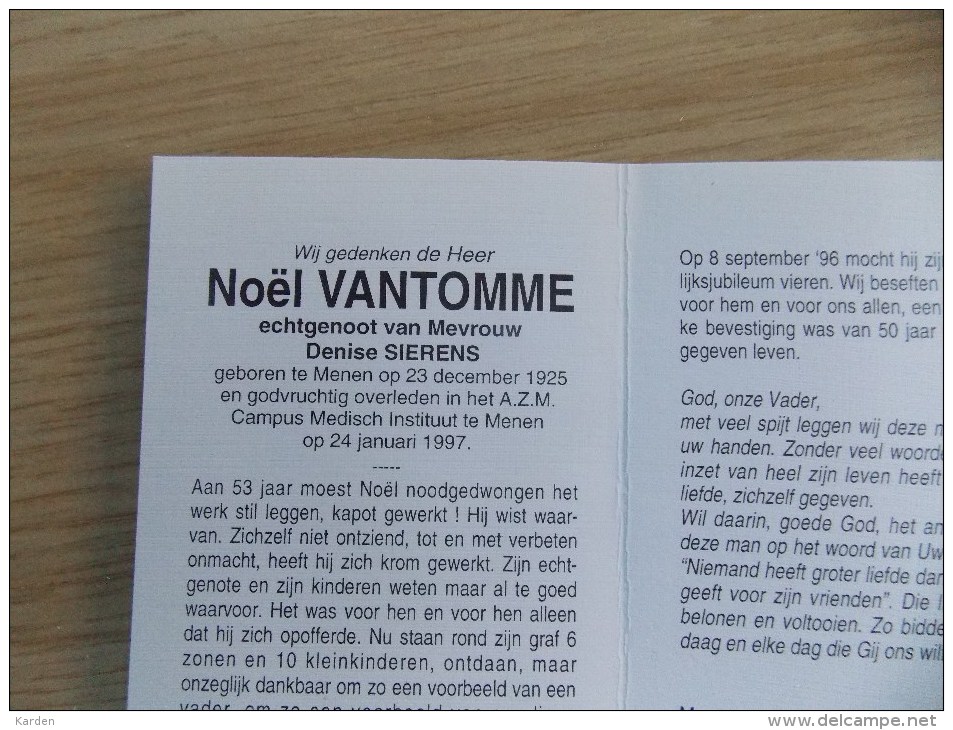 Doodsprentje Noel Vantomme Menen 23/12/1925  24/1/1997 ( Denise Sierens ) - Religione & Esoterismo