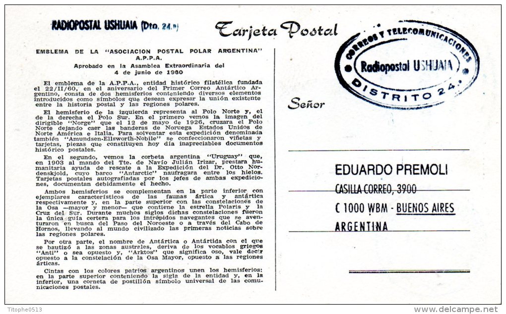 ARGENTINE. PA 97 De 1964 Sur Carte Commémorative De 1965. Carte Des Malouines/Ushuaia/Exposition Postale Polaire. - Evenementen & Herdenkingen