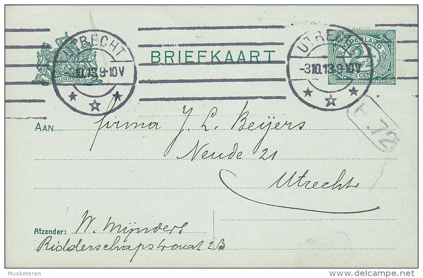 Netherlands Postal Stationery Ganzsache Entier 2½ C Ziffer UTRECHT 1913 Locally Sent (2 Scans) - Postal Stationery