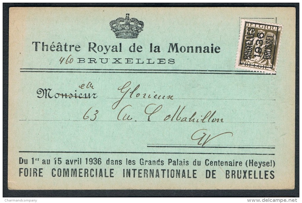 1936, Carte Publicitaire Du Théâtre Royal De La Monnaie, Programme Du 1er Au 15 Mars, La Bohême, Faust, .. - Opéra