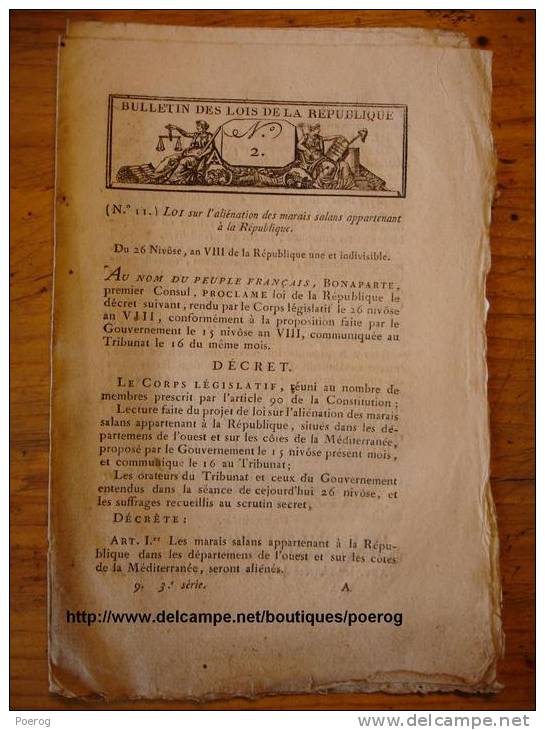 BULLETIN DES LOIS De PLUVIOSE AN 8 (JANVIER 1800) - MARAIS SALANTS - MARAIS SALANT - SEL - SALT - Decrees & Laws