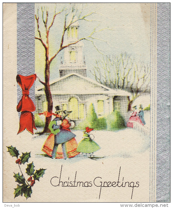 1930's Christmas Card Victorian Family Church Holly Snow - Bateaux