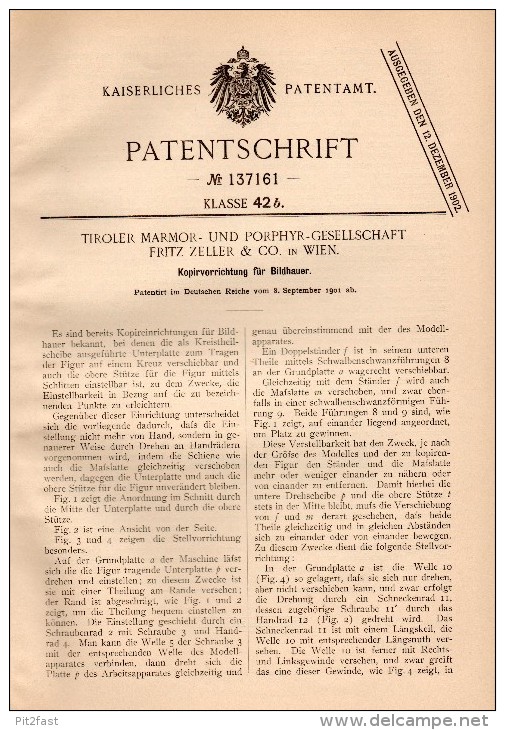 Original Patent - Tiroler Marmor- Und Porphyr-Gesellschaft Fritz Zeller & Co In Wien , 1901 , Bildhauer - Kopierapparat - Bronzen