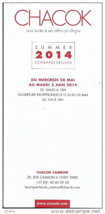 Cpm Chacok : Prêt à Porter De Luxe Rue Cambon Paris ,Invitation VIP Offres Privillèges Mai 2014,Dos Imprimé - Mode