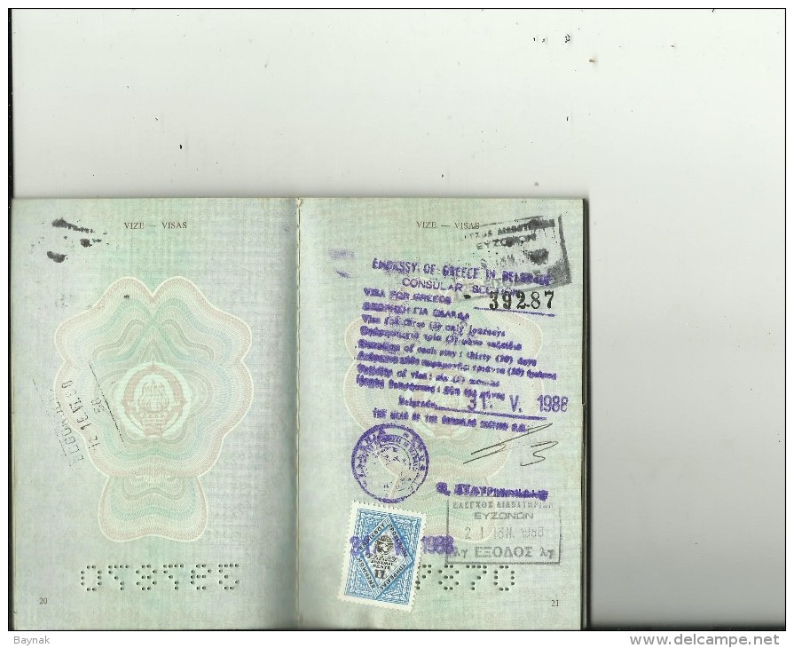 S. F. R.  YUGOSLAVIA  ---    PASSPORT  --  1984   --  LADY PHOTO  --  VISA GREECE  --  FISCAL REVENUE, TAX STAMP - Historical Documents