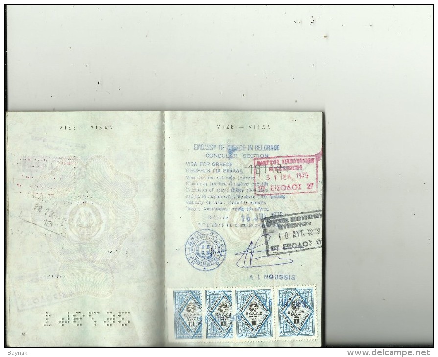 P109  --   SFR  YUGOSLAVIA  ---  PASSPORT  --  1977   --  LADY PHOTO  --  2 X VISA GREECE  --  FISCAL REVENUE, TAX STAMP