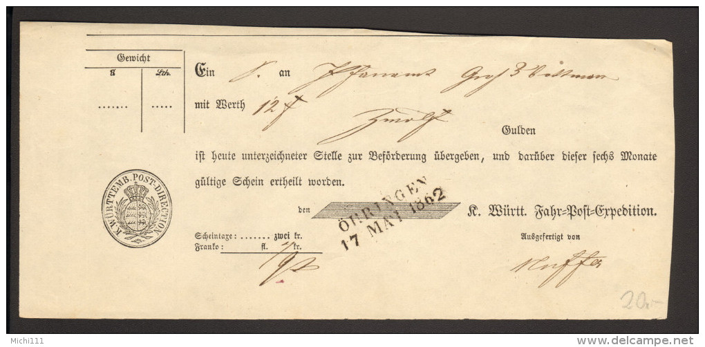 Württemberg Postschein Von 1862 Mit L 2 Aus Öhringen Fahrpost-Recepisse - Briefe U. Dokumente