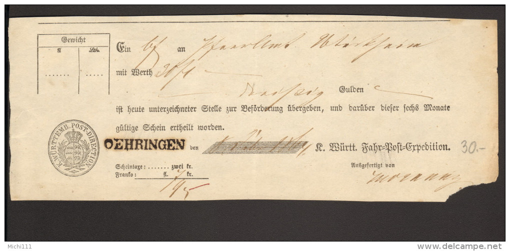 Württemberg Postschein Von 1864 Mit  L 1 Aus Öhringen Fahrpost-Recepisse - Brieven En Documenten