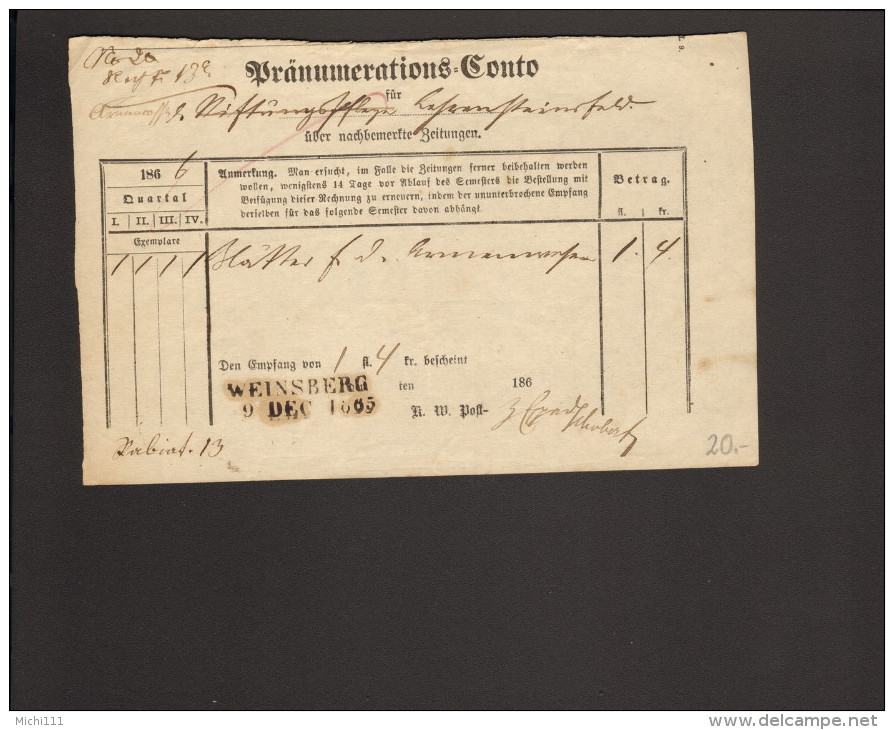 Württemberg Pränumerations-Conto Aus Weinsberg Mit L 2 Von 1865 Für Zeitungen - Covers & Documents