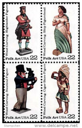 1986 USA Wood Carved Figurines Stamps Sc#2240-43 2243a Aboriginal Cigar Smoking Ship - Polucion