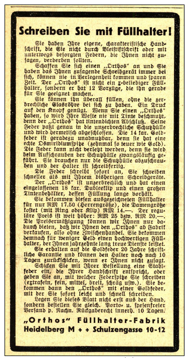 Original-Werbung/Inserat/ Anzeige 1930 - ORTHOS FÜLLHALTER-FABRIK  - Ca. 70 X 130 Mm - Pubblicitari