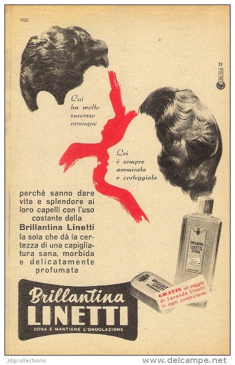 # BRILLANTINA LINETTI, ITALY 1950s Advert Pubblicità Publicitè Reklame Hair Fixer Fixateur Cheveux Fijador Haar - Non Classés