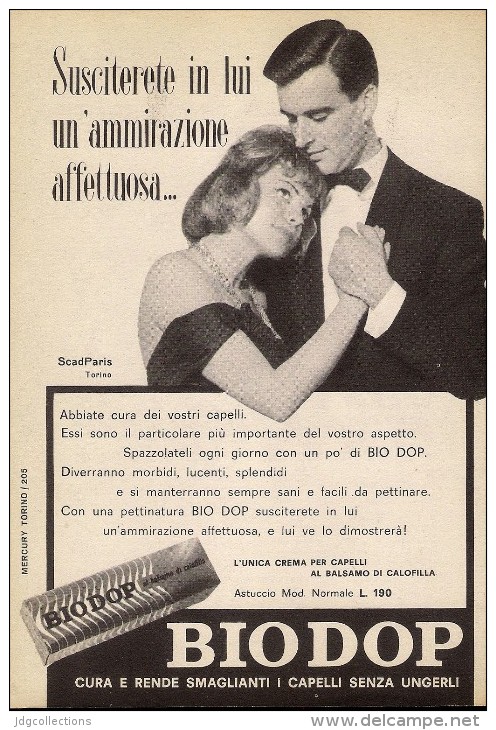 # BRILLANTINA BIODOP, ITALY 1950s Advert Pubblicità Publicitè Reklame Hair Fixer Fixateur Cheveux Fijador Haar - Sin Clasificación