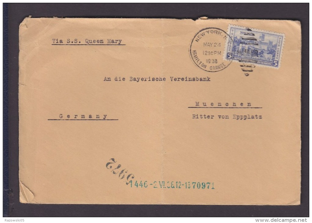 TIMBRE. LETTRE. ....USA.ETATS UNIS.NEW YORK.PAQUEBOT.BATEAU.QUEE N MARY.NAVIRE.MUNICH.MUNCHE NGERMANY.ALLEMAGNE.HAMILT O - Lettres & Documents