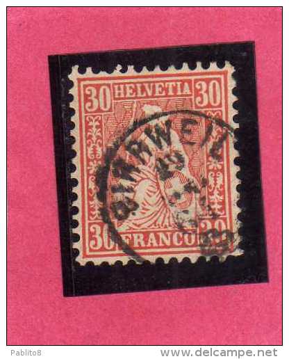 SWITZERLAND - SUISSE - SCHWEIZ - SVIZZERA 1862 HELVETIA CENT. 30 VERMILION USATO USED - Used Stamps