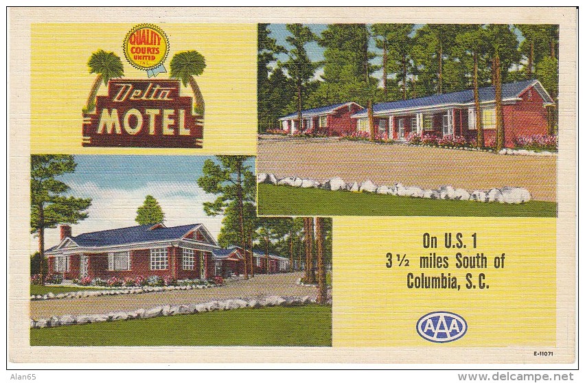 Columbia South Carolina, Delta Motel, Lodging, C1940s Vintage Linen Postcard - Columbia