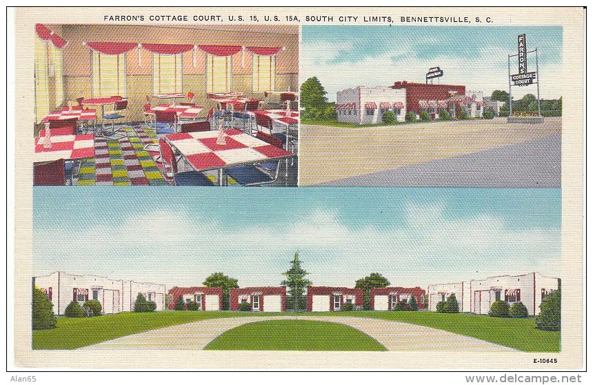 Bennetsville South Carolina, Farron's Cottage Court Lodging Motel And Dining, C1940s Vintage Linen Postcard - Bennetsville