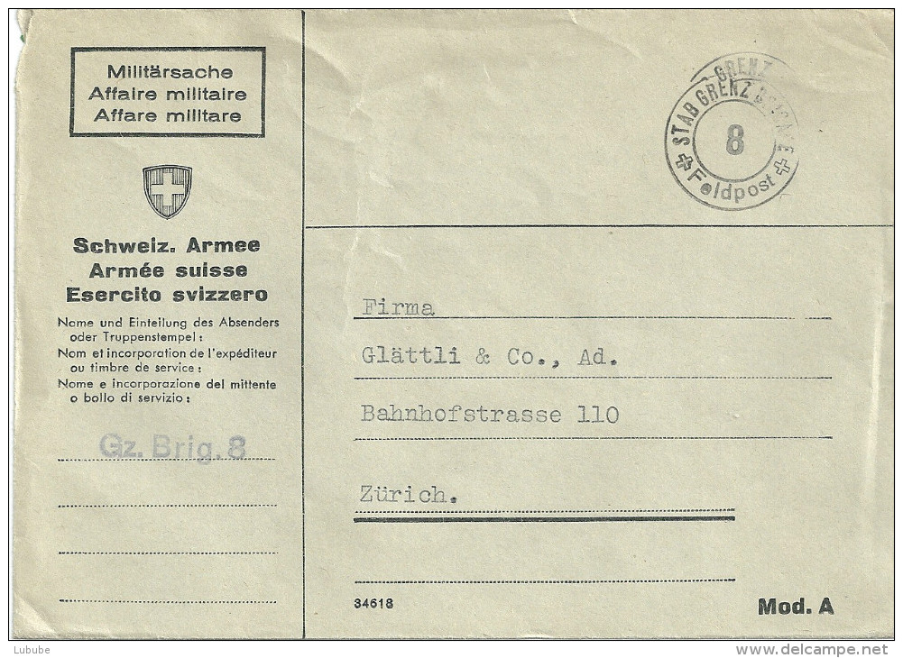 Feldpost Brief  "Stab Grenzbrigade 8"             Ca. 1940 - Annullamenti