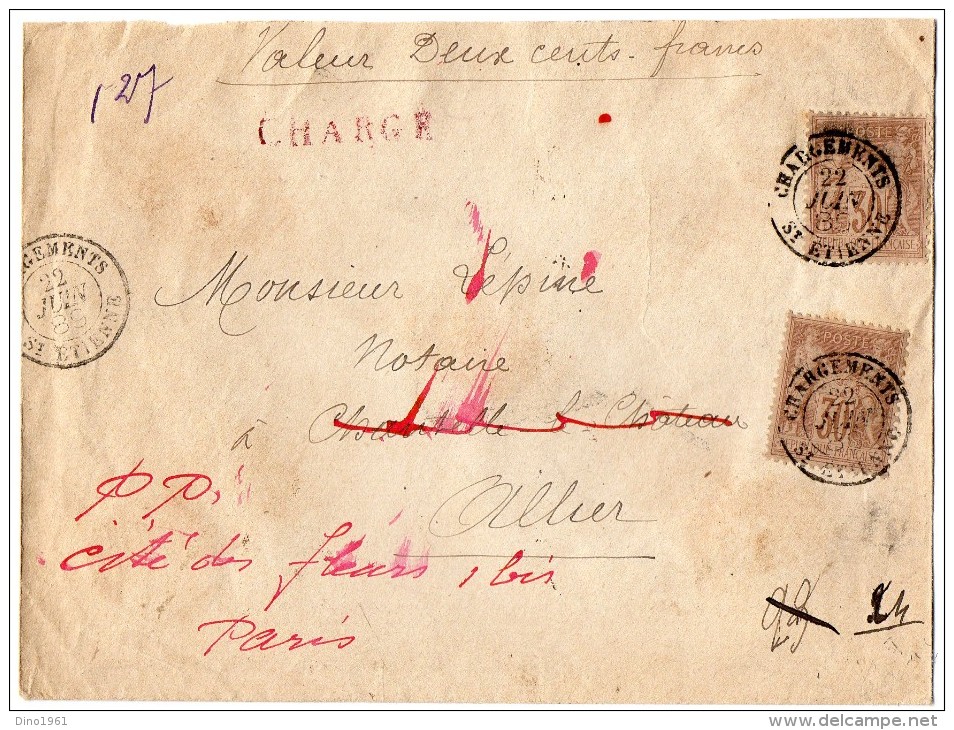 TB 303 - TB Type Sage Sur Lettre Chargée OB Chargements SAINT - ETIENNE  Pour  PARIS - 1877-1920: Période Semi Moderne