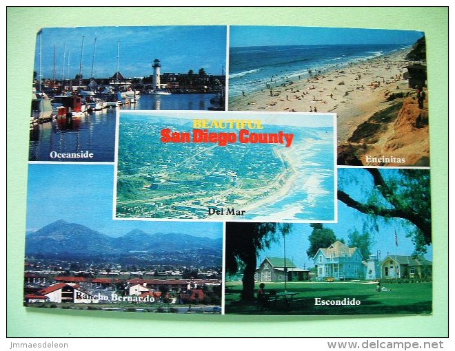 USA 1988 Postcard "San Diego Co. Multiview - Harbor Lighthouse - Beach" To England - Fireworks - Ability To Write - R... - Lettres & Documents