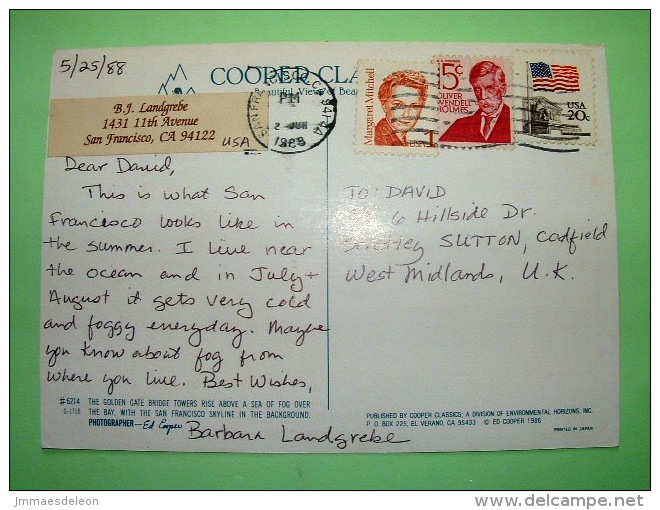 USA 1988 Postcard "Golden Gate Bridge In Fog" To England - Flag On White House - Wendell Holmes - Margaret Mitchell - Lettres & Documents